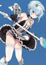 Rule 34 | 1girl, alice gear aegis, apron, black gloves, blue eyes, blue hair, blue panties, broom, cerauniae, commentary request, dress, frilled dress, frilled gloves, frills, gloves, highres, holding, maid, mecha musume, nina kalinina, official alternate costume, open mouth, panties, solo, string panties, underwear, weapon, white legwear