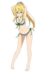 Rule 34 | 1girl, arms behind head, arms up, barefoot, bikini, blonde hair, breasts, feet, flower, food, front-tie top, full body, green eyes, hair flower, hair ornament, high ponytail, large breasts, leafa, long hair, looking at viewer, navel, non-web source, official art, polka dot, polka dot bikini, popsicle, side-tie bikini bottom, solo, standing, swimsuit, sword art online, toes