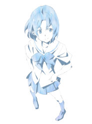 Rule 34 | 1girl, blue eyes, blue hair, blue theme, bow, from above, full body, hands on own hips, head tilt, kurai nao, loafers, looking to the side, matching hair/eyes, monochrome, original, pigeon-toed, pleated skirt, school uniform, shirt, shoes, short hair, simple background, skirt, sleeves pushed up, smile, socks, solo, untucked shirt, white background