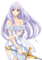 Rule 34 | 10s, 1girl, annelotte, annelotte (queen's blade), bare shoulders, blue eyes, bracelet, breasts, cleavage, dress, eiwa, frilled dress, frills, jewelry, knight princess annelotte, large breasts, light purple hair, long hair, purple hair, queen&#039;s blade, queen&#039;s blade lost worlds, queen&#039;s blade rebellion, simple background, sleeveless, sleeveless dress, smile, solo, sword, thighs, weapon, white background, white dress