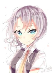 Rule 34 | 1girl, black vest, blue eyes, blush, closed mouth, grey hair, hair between eyes, highres, hizaka, kantai collection, long hair, looking at viewer, neckerchief, nowaki (kancolle), shirt, short sleeves, simple background, solo, vest, white background, white shirt