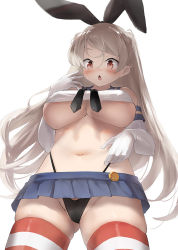 Rule 34 | 1girl, black neckerchief, black panties, blue sailor collar, blue skirt, blush, breasts, brown eyes, conte di cavour (kancolle), cosplay, cowboy shot, elbow gloves, gloves, grey hair, highleg, highleg panties, kantai collection, large breasts, long hair, miniskirt, navel, neckerchief, open mouth, panties, pleated skirt, sailor collar, school uniform, serafuku, shimakaze (kancolle), shimakaze (kancolle) (cosplay), simple background, skirt, solo, striped clothes, striped thighhighs, thighhighs, toka (marchlizard), underboob, underwear, white background, white gloves