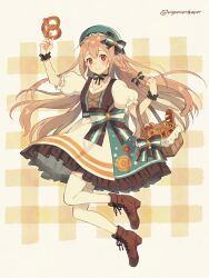 Rule 34 | 1girl, absurdres, arm up, basket, beret, blue hat, blue skirt, blush, boots, bow, braid, brown background, brown footwear, brown hair, cross-laced footwear, dirndl, food, frilled skirt, frills, full body, german clothes, hair between eyes, hand up, hat, highres, holding, holding food, lace-up boots, long hair, numbers (pigpenandpaper), original, plaid, plaid background, pretzel, puffy short sleeves, puffy sleeves, red eyes, shirt, short sleeves, skirt, solo, striped, striped bow, very long hair, white shirt, white skirt, wrist cuffs
