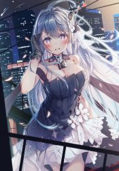 Rule 34 | 1girl, ahoge, azur lane, bad id, bad pixiv id, bare shoulders, black gloves, blue hair, blush, breasts, choker, cleavage, dress, flower, gloves, hair ornament, heaven&#039;s melody, helena (azur lane), helena (may i have this dance?) (azur lane), highres, large breasts, long hair, looking at viewer, multiple girls, night, open mouth, purple eyes, shawl, short dress, solo, town, very long hair, white flower