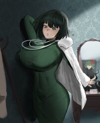 Rule 34 | 2girls, absurdres, arm up, black dress, blunt bangs, booruguru, breasts, coat, coat rack, commentary, dark green hair, dress, english commentary, floating, fubuki (one-punch man), green dress, green eyes, green hair, highres, indoors, jewelry, large breasts, mirror, multiple girls, necklace, one-punch man, parted lips, pearl necklace, reflection, ribbed dress, short hair, siblings, sisters, solo focus, standing, tatsumaki, white coat