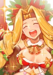 Rule 34 | 1girl, bell, blonde hair, breasts, collar, closed eyes, fate/grand order, fate (series), headdress, large breasts, long hair, low-tied long hair, neck bell, open mouth, quetzalcoatl (fate), quetzalcoatl (samba santa) (fate), solo, sparkle, twitter username, tyone