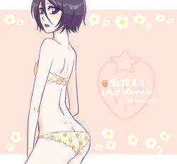 Rule 34 | 10s, 1girl, 2015, ass, back, bare back, bleach, bra, butt crack, cowboy shot, dimples of venus, hair between eyes, kuchiki rukia, looking at viewer, looking back, open mouth, panties, purple eyes, purple hair, short hair, simple background, solo, strapless, strapless bra, tia (tiana cream), underwear, underwear only