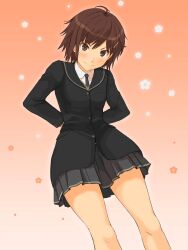 Rule 34 | 1girl, ahoge, amagami, arms behind back, black jacket, blazer, blush, brown eyes, brown hair, closed mouth, collared shirt, from below, grey necktie, grey skirt, hair ornament, hairpin, highres, itou kanae (amagami), jacket, kibito high school uniform, leaning forward, looking at viewer, looking down, miniskirt, necktie, pleated skirt, school uniform, shirt, short hair, skirt, solo, standing, takenoko saba otto, thighs, v-shaped eyebrows, white shirt