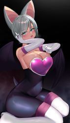 Rule 34 | 1girl, :d, absurdres, animal ears, aqua eyes, bare shoulders, bat ears, bat girl, bat wings, boots, breasts, cleavage, covered navel, elbow gloves, fang, gloves, hachi (888hachi), high heel boots, high heels, highres, humanization, open mouth, rouge the bat, short hair, sitting, skin fang, skin tight, smile, solo, sonic (series), thighhighs, wariza, white gloves, white hair, white thighhighs, wings