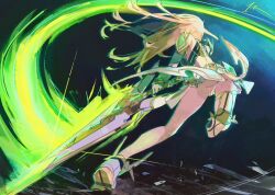 Rule 34 | 1girl, ass, blonde hair, dark background, energy sword, from behind, full body, highres, holding, holding sword, holding weapon, long hair, mythra (xenoblade), onepointzero, revealing clothes, solo, swinging, sword, weapon, white footwear, xenoblade chronicles (series), xenoblade chronicles 2