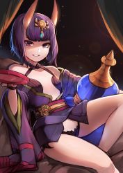 Rule 34 | 1girl, absurdres, bare shoulders, bob cut, breasts, cup, eyeliner, fate/grand order, fate (series), gourd, headpiece, highres, horns, japanese clothes, kimono, long sleeves, looking at viewer, makeup, off shoulder, oni, open clothes, open kimono, parted lips, purple eyes, purple hair, purple kimono, rayrie, revealing clothes, sakazuki, sash, short eyebrows, short hair, shuten douji (fate), sitting, skin-covered horns, small breasts, smile, solo, thighs, wide sleeves
