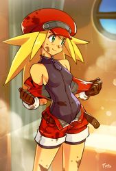 Rule 34 | 1girl, bad id, bad twitter id, bathroom, bathtub, belt, blonde hair, blush, breasts, brown gloves, cabbie hat, capcom, commentary, dirty, dirty face, english commentary, full-length zipper, gloves, green eyes, hat, indoors, leotard, long hair, mega man (series), mega man legends (series), mega man legends 3, no bra, open belt, open fly, optionaltypo, red shorts, roll caskett (mega man), short shorts, shorts, sideboob, small breasts, smile, solo, spiked hair, unbuckled, unbuttoned, undressing, unzipped, zipper, zipper pull tab