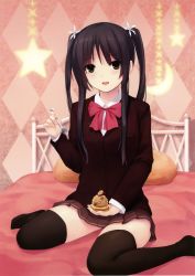 Rule 34 | 1girl, :d, absurdres, argyle, argyle background, argyle clothes, bed, black hair, black thighhighs, blazer, bow, bowtie, brown eyes, coffee-kizoku, food, hair ornament, highres, indoors, jacket, long hair, long sleeves, looking at viewer, moon, on bed, open mouth, pleated skirt, red bow, red bowtie, scan, school uniform, sidelocks, sitting, skirt, smile, solo, spoon, star (symbol), thighhighs, twintails