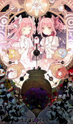Rule 34 | 6+girls, absurdres, akemi homura, amy (madoka magica), animal, art nouveau, beanie, beret, black dress, black hair, black headwear, black ribbon, blonde hair, blue hair, bound, cat, character cutout, charlotte (madoka magica), choker, circle, clara dolls (madoka magica), closed eyes, closed mouth, collarbone, colorful, commentary request, corruption, creature, dark background, dress, drill hair, dual persona, evil smile, expressionless, eye of providence, eyelashes, eyes visible through hair, familiar (madoka magica), fingers together, flat chest, floating hair, floral background, fortissimo, frilled sleeves, frills, funeral dress, furrowed brow, gloves, glowing, gradient background, grief seed, hair between eyes, hair ornament, hair ribbon, hairclip, hand on own chest, hand up, hat, high collar, high ponytail, highres, holding hands, homulilly, in container, kakami (pixiv7616827), kaname madoka, kyubey, light particles, light rays, long dress, long hair, looking at viewer, madoka runes, magic circle, mahou shoujo madoka magica, mahou shoujo madoka magica: hangyaku no monogatari, miki sayaka, momoe nagisa, multiple girls, musical note, musical note hair ornament, night, night sky, no eyes, no mouth, no nose, octagram, pale skin, parted lips, pink eyes, pink hair, pink ribbon, pink theme, polka dot, pom pom (clothes), ponytail, profile, puffy short sleeves, puffy sleeves, red background, red choker, red hair, red neckwear, ribbon, ribbon choker, sakura kyoko, short hair, short sleeves, side-by-side, sidelocks, silhouette, single eye, sky, smile, soul gem, sparkle background, star (sky), star (symbol), starry background, starry sky, submerged, tied up (nonsexual), tomoe mami, triangle, twin drills, twintails, two side up, ultimate madoka, upper body, very long hair, white background, white choker, white dress, white gloves, white hair, white neckwear, white ribbon, wide sleeves, wings, witch (madoka magica), worried, yellow background