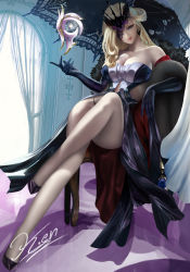 Rule 34 | 1girl, bare shoulders, black mask, blonde hair, blue eyes, breasts, chair, cleavage, coat, curtains, dangle earrings, delusion (genshin impact), earrings, eye mask, fur-trimmed coat, fur trim, genshin impact, half mask, head tilt, high heels, highres, jewelry, k.en, lace-trimmed eyepatch, large breasts, long hair, mask, mask over one eye, one eye covered, signora (genshin impact), sitting, window