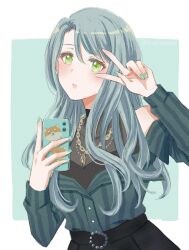 Rule 34 | 1girl, aqua hair, aqua nails, bang dream!, black skirt, cellphone, cleavage cutout, clothing cutout, green eyes, highres, hikawa sayo, holding, holding phone, jewelry, looking at viewer, necklace, outside border, phone, pleated skirt, portrait, skirt, smartphone, solo, square background, v, xin (blueramen)