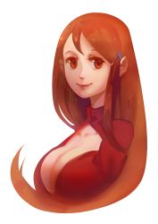 Rule 34 | 1girl, 3four, bleach, breasts, brown eyes, cleavage, closed mouth, hair ornament, inoue orihime, large breasts, long hair, looking at viewer, orange hair, simple background, smile, solo, white background