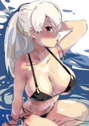 Rule 34 | 1girl, bikini, black bikini, breasts, brown eyes, cleavage, conte di cavour (kancolle), highres, igarashi mangou, kantai collection, large breasts, long hair, looking at viewer, official alternate costume, profile, side-tie bikini bottom, solo, swimsuit, two side up, white hair