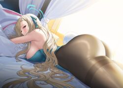 Rule 34 | 1girl, animal ears, aqua eyes, ass, asuna (blue archive), bed, blonde hair, blue archive, breasts, elsynien, halo, highres, large breasts, leotard, long hair, pantyhose, rabbit ears, solo, sweat, tail