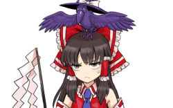 Rule 34 | &gt;:(, 1girl, animal, animal on head, animalization, annoyed, ascot, bird, bird on head, black hat, blue ascot, bow, brown eyes, brown hair, crow, detached sleeves, frilled bow, frilled shirt collar, frills, frown, gohei, hair bow, hair tubes, hakurei reimu, hat, hat bow, kirisame marisa, long hair, looking to the side, meimaru inuchiyo, on head, red bow, red shirt, shirt, sidelocks, simple background, sweatdrop, touhou, v-shaped eyebrows, white background, white bow, witch hat