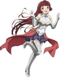 Rule 34 | 1girl, alicia crystella, armor, glasses, happy, isekai maou to shoukan shoujo no dorei majutsu, knee up, knight, leg up, long hair, looking at viewer, open mouth, red eyes, red hair