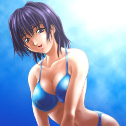 Rule 34 | bikini, blue bikini, blue eyes, kagehara hanzou, lowres, purple hair, short hair, solo, swimsuit