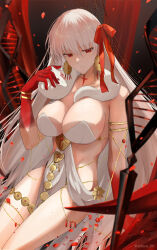 Rule 34 | 1girl, absurdres, armlet, bare shoulders, belly chain, blush, body markings, bracelet, breasts, cleavage, collarbone, colored skin, durga (fate), earrings, facial mark, fate/grand order, fate (series), forehead mark, gradient skin, grey hair, hair ribbon, highres, jewelry, large breasts, long hair, looking at viewer, minoe08, pelvic curtain, red eyes, red skin, revealing clothes, ribbon, sash, snake, solo, thighs, very long hair, weapon