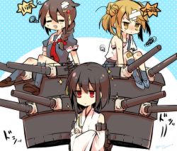 Rule 34 | &gt;:&lt;, 10s, 3girls, :&lt;, bandages, bare shoulders, black hair, black serafuku, braid, brown eyes, cannon, closed eyes, closed mouth, crossed arms, detached sleeves, double bun, hair bun, hair flaps, hair ornament, hair ribbon, japanese clothes, kantai collection, kneehighs, light brown hair, long hair, machinery, michishio (kancolle), momoiro, multiple girls, nontraditional miko, open mouth, pleated skirt, red eyes, ribbon, school uniform, serafuku, shigure (kancolle), shoes, short hair, single braid, skirt, smoke, socks, sparkle, tears, torn clothes, torn legwear, torn socks, translated, v-shaped eyebrows, yamashiro (kancolle)