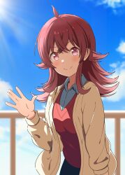 Rule 34 | 1girl, absurdres, ahoge, blue sky, blush, breasts, cardigan, cloud, commentary request, day, fence, hair between eyes, hair flaps, hand up, highres, idolmaster, idolmaster shiny colors, komiya kaho, long hair, looking at viewer, medium breasts, outdoors, red eyes, red hair, red vest, ryoga kk, shirt, sidelocks, sky, smile, solo, sunlight, vest, waving, white shirt, yellow cardigan