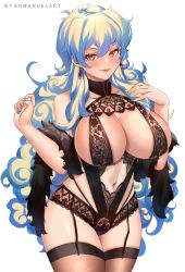 Rule 34 | 1girl, aqua nails, artist name, bare shoulders, black bra, blonde hair, blue eyes, blue hair, bra, breasts, brown thighhighs, cleavage, closed mouth, collarbone, commentary, cowboy shot, cross-shaped pupils, earrings, english commentary, enma (enmanuelart), fur scarf, garter belt, garter straps, hair between eyes, hand up, highres, huge breasts, jewelry, lace, lace-trimmed bra, lace trim, legs together, lingerie, long hair, looking at viewer, multicolored hair, nail polish, navel, nia teppelin, red lips, simple background, smile, solo, symbol-shaped pupils, tengen toppa gurren lagann, thighhighs, thighs, two-tone hair, underwear, white background