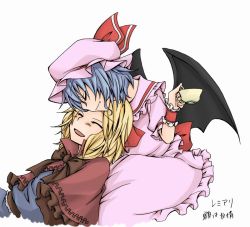 Rule 34 | 2girls, alice margatroid, bat wings, blonde hair, blue dress, blue eyes, capelet, cup, dress, closed eyes, fang, female focus, kissing forehead, hairband, hat, hat ribbon, kiss, kissing forehead, multiple girls, open mouth, pink dress, remilia scarlet, ribbon, short hair, smile, teacup, touhou, wings, yuuta (monochrome)