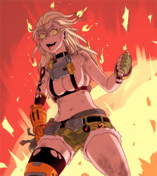 Rule 34 | 1girl, areola slip, arm tattoo, bag, bare shoulders, belt, belt pouch, black thighhighs, blonde hair, breasts, buckle, canteen, choker, cowboy shot, explosion, explosive, fang, fiery hair, fingerless gloves, fire, genderswap, genderswap (mtf), gloves, green gloves, groin, junkrat (overwatch), kannovaku, large breasts, long hair, looking at viewer, mechanical arms, midriff, navel, no shirt, open mouth, overwatch, overwatch 1, peg leg, pouch, shards, shorts, single mechanical arm, skull and crossbones, solo, strap, tattoo, teeth, thighhighs, tongue, tongue out, torn clothes, torn thighhighs, underboob, yellow eyes