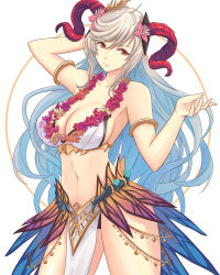 Rule 34 | 1girl, absurdres, alternate costume, bare shoulders, bikini, blue hair, breasts, cleavage, closed mouth, collarbone, commentary, fire emblem, fire emblem heroes, flower, flower necklace, freyja (fire emblem), gradient hair, grey hair, hair flower, hair ornament, hand up, highres, horns, jewelry, large breasts, long hair, looking at viewer, multicolored hair, navel, necklace, nintendo, pelvic curtain, red eyes, see-through, sideboob, simple background, solo, stomach, swimsuit, thighs, truejekart, white bikini