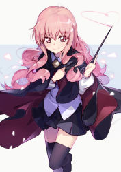 Rule 34 | 1girl, azumi akitake, black skirt, black thighhighs, cloak, commentary request, grey background, long hair, long sleeves, looking at viewer, louise francoise le blanc de la valliere, pink eyes, pink hair, pleated skirt, skirt, smile, solo, standing, standing on one leg, thighhighs, wand, zero no tsukaima, zettai ryouiki