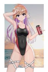 Rule 34 | 1girl, absurdres, breasts, can, coca-cola, collarbone, commentary request, competition swimsuit, covered navel, cowboy shot, gluteal fold, gzest, hand on own head, highleg, highleg swimsuit, highres, idolmaster, idolmaster cinderella girls, leg belt, long hair, medium breasts, multicolored clothes, multicolored hair, multicolored swimsuit, ninomiya asuka, one-piece swimsuit, orange hair, purple eyes, smile, solo, swimsuit, thigh strap, two-tone hair