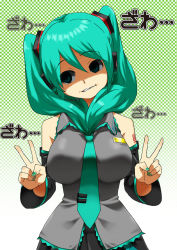 Rule 34 | 1girl, aqua eyes, aqua hair, breast conscious, breast envy, breast padding, breasts, detached sleeves, gloom (expression), grin, hatsune miku, long hair, looking away, necktie, pizzadev, smile, solo, twintails, v, vocaloid