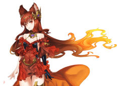 Rule 34 | 10s, 1girl, 92m, animal ears, anthuria, bare shoulders, breasts, dress, elbow gloves, erune, gloves, gradient hair, granblue fantasy, hair ornament, long hair, looking at viewer, multicolored hair, orange hair, red dress, red eyes, red hair, simple background, single glove, small breasts, solo, white background