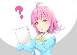 Rule 34 | /, 1girl, :o, ?, absurdres, aqua jacket, artist name, artist request, blue jacket, blunt bangs, blush, bow, bowtie, breasts, brown eyes, collarbone, collared shirt, drawstring, female focus, flat chest, highres, holding, holding notebook, jacket, looking at viewer, love live!, love live! nijigasaki high school idol club, nijigasaki academy school uniform, notebook, open clothes, open jacket, paper, parted lips, pink hair, ribbon, school uniform, shirt, short hair, sketchbook, sleeves past fingers, sleeves past wrists, small breasts, smile, solo, tennoji rina, upper body, white shirt, yellow bow, yellow eyes, yellow ribbon