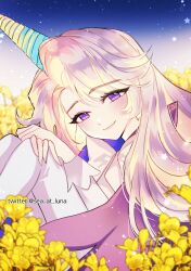Rule 34 | 1boy, absurdres, androgynous, artist name, blonde hair, closed mouth, commentary request, cookie run, cream unicorn cookie, estey, field, flower, flower field, highres, horns, long hair, long sleeves, looking at viewer, male focus, multicolored hair, night, night sky, pants, purple eyes, single horn, sky, smile, solo, star (sky), two-tone hair, very long hair, white hair, white pants