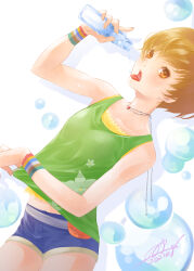 Rule 34 | 1girl, bare arms, blue shorts, bottle, breasts, brown eyes, brown hair, bubble, collarbone, commentary request, cowboy shot, dated, eyelashes, floral print, green shirt, highres, holding, holding bottle, leaning to the side, looking at viewer, open mouth, persona, persona 4, qoo1234, ramune, satonaka chie, shadow, shirt, short hair, short shorts, shorts, signature, sleeveless, sleeveless shirt, small breasts, solo, sweatdrop, tongue, tongue out, wristband