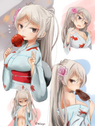 Rule 34 | 1girl, akino shuu, blue kimono, blush, breasts, brown eyes, candy apple, cleavage, collarbone, conte di cavour (kancolle), food, grey hair, holding, holding food, ikayaki, japanese clothes, kantai collection, kimono, large breasts, long hair, long sleeves, multiple views, navel, obi, official alternate costume, open mouth, sash, tongue, tongue out, twitter username, v, wide sleeves