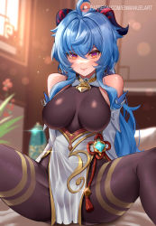 Rule 34 | 1girl, ahoge, bare shoulders, bed, bell, black legwear, blue hair, blush, bodystocking, bodysuit, breasts, cameltoe, chinese knot, crotch, detached sleeves, enma (enmanuelart), flower knot, ganyu (genshin impact), genshin impact, gold trim, highres, horns, indoors, large breasts, long hair, looking at viewer, multicolored eyes, neck bell, patreon username, pelvic curtain, pillow, purple eyes, raised eyebrows, red rope, rope, shiny clothes, shiny legwear, sidelocks, sitting, solo, spread legs, thighlet, thighs, vase, vision (genshin impact), white sleeves