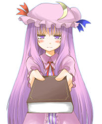 Rule 34 | 1girl, blush, book, center frills, commentary request, crescent, crescent hat ornament, female focus, frilled sleeves, frills, gift, hane (hanegoya), hat, hat ornament, holding, holding book, holding gift, incoming gift, long hair, moon, pajamas, patchouli knowledge, purple eyes, purple hair, ribbon, solo, touhou, tsundere