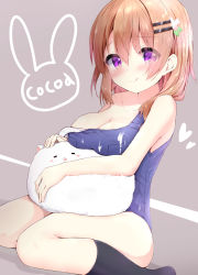 Rule 34 | 1girl, :q, angora rabbit, animal, bad anatomy, bare arms, bare shoulders, black socks, blue one-piece swimsuit, blush, breast rest, breasts, brown background, character name, cleavage, closed mouth, collarbone, commentary request, dutch angle, artistic error, gochuumon wa usagi desu ka?, hair between eyes, hair ornament, hairclip, heart, highres, hoto cocoa, kneehighs, kouda suzu, large breasts, light brown hair, long hair, old school swimsuit, one-piece swimsuit, purple eyes, rabbit, school swimsuit, sitting, smile, socks, strap slip, suggestive fluid, swimsuit, tippy (gochiusa), tongue, tongue out, wariza