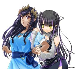 Rule 34 | 2girls, absurdres, arm hug, belt, black hair, black skirt, black tube top, blue dress, blue sash, blunt bangs, blush, breasts, brown eyes, cleavage, cleavage cutout, closed mouth, clothing cutout, collarbone, commentary request, cowboy shot, demon girl, demon horns, demon tail, dress, highres, honey strap, horns, kojo anna, kojo anna (2nd costume), lace trim, long hair, long sleeves, looking at another, looking to the side, loose belt, medium breasts, midriff, multicolored hair, multiple girls, nanashi inc., off-shoulder dress, off shoulder, official alternate costume, open mouth, pencil skirt, pointy ears, purple belt, purple hair, russian text, sash, shimamura charlotte, short sleeves, shoulder cutout, shrug (clothing), simple background, skirt, smile, strapless, sugar lyric, tail, transparent background, tube top, two-tone hair, veno (lupusonbari2), virtual youtuber, yellow eyes