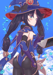 Rule 34 | 1girl, absurdres, ass, black hair, blush, book, breasts, cape, detached sleeves, elbow gloves, from behind, genshin impact, gloves, green eyes, hair ornament, hair ribbon, hat, highres, leotard, long hair, looking at viewer, looking to the side, medium breasts, mona (genshin impact), pantyhose, ribbon, shiki aruku, shiny clothes, sideboob, solo, thighlet, twintails, very long hair, vision (genshin impact), water