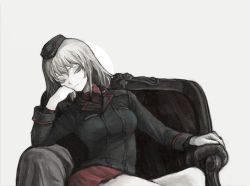 Rule 34 | 10s, 1girl, arm rest, armchair, ashitano kirin, black hat, black jacket, blue eyes, breasts, chair, circle, closed mouth, crossed legs, frown, garrison cap, girls und panzer, hair between eyes, hat, head on hand, itsumi erika, jacket, kuromorimine military uniform, limited palette, long hair, long sleeves, medium breasts, military, military hat, military uniform, muted color, red shirt, red skirt, serious, shirt, silver hair, simple background, sitting, skirt, solo, uniform