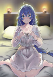 Rule 34 | 1girl, absurdres, ahoge, barefoot, blue eyes, blue hair, blurry, blurry background, braid, closed mouth, collarbone, commentary request, dated, hair between eyes, highres, indoors, light blush, long braid, long sleeves, looking at viewer, mushoku tensei, nightgown, on bed, partial commentary, roxy migurdia, signature, sitting, solo, toes, twin braids, wariza, white nightgown, yujin (kanouyuuto-0423)