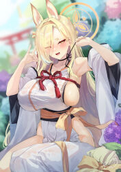 Rule 34 | 1girl, animal ears, armpits, black choker, blonde hair, blue archive, blurry, blurry background, blush, breasts, choker, commentary, detached sleeves, extra ears, eyes visible through hair, fox ears, fox shadow puppet, hair ornament, hair over one eye, hairband, halo, hands up, highres, japanese clothes, kaho (blue archive), large breasts, long hair, mole, mole under mouth, obiwan, open mouth, orange hairband, sideboob, sitting, smile, solo, sweat, weisuoxin, wide sleeves, yellow eyes
