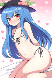 Rule 34 | 1girl, arched back, arms behind back, ass, bikini, black hat, blue hair, blush, breasts, collarbone, food, fruit, groin, hat, heart, highres, hinanawi tenshi, leaf, long hair, looking at viewer, navel, nose blush, peach, pink background, red eyes, rizento, seiza, side-tie bikini bottom, simple background, sitting, small breasts, smile, solo, stomach, swimsuit, thighs, touhou